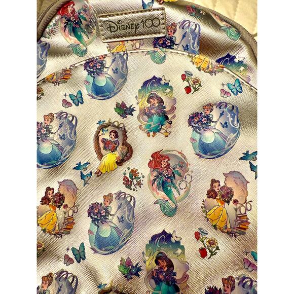 NWOT Disney Princesses 100th Silver Metallic Multi All Over Print Mini Backpack - Picture 3 of 7